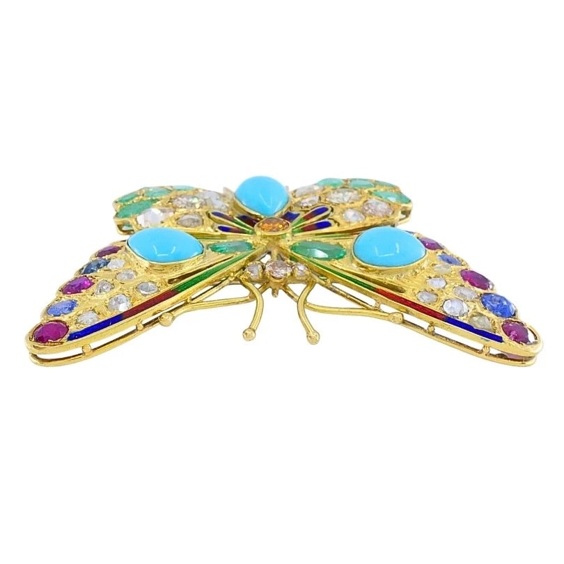 Vintage 18k Gold Multigem Butterfly Brooch Statement Insect Jewelry - 6