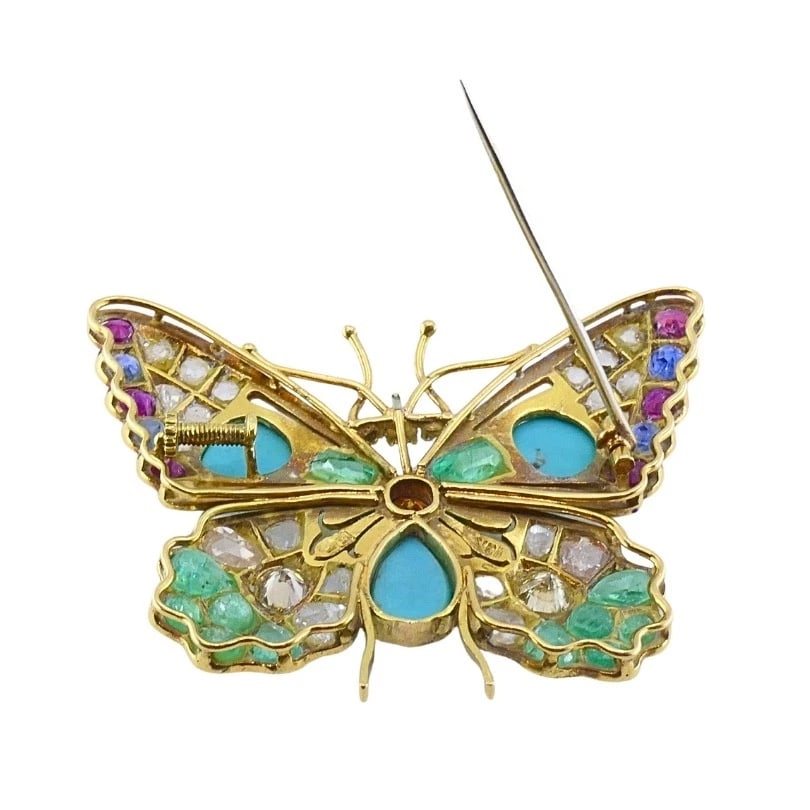 Vintage 18k Gold Multigem Butterfly Brooch Statement Insect Jewelry - 9