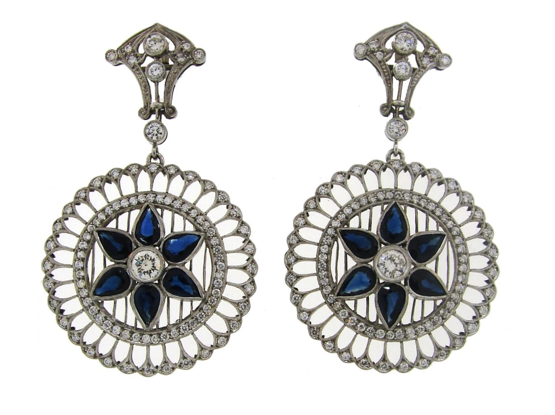 Sapphire Diamond Platinum Dangle EARRINGS Art Deco Revival 1960s (1 of 5)