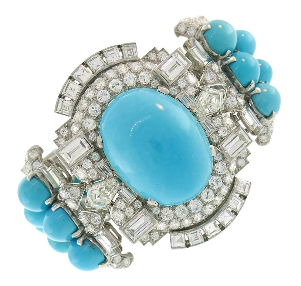 Trabert & Hoeffer-Mauboussin Vintage Bracelet Platinum Persian Turquoise Diamond: Title: Trabert & Hoeffer-Mauboussin Vintage Bracelet Platinum Persian Turquoise Diamond Description: Nadine Krakov Collection Fine Jewelry, Arts & Antiques 9454 Wilshire Blvd. Ste M20 Beverly Hills, C