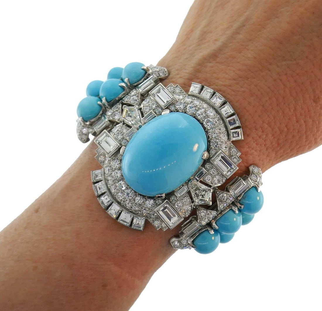 Trabert & Hoeffer-Mauboussin Vintage Bracelet Platinum Persian Turquoise Diamond - 3