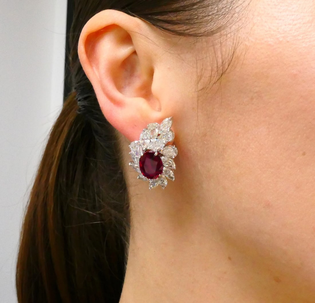 Ruby EARRINGS Cluster Diamond 18k Gold Mozambique Certified Estate Jewelry - 11