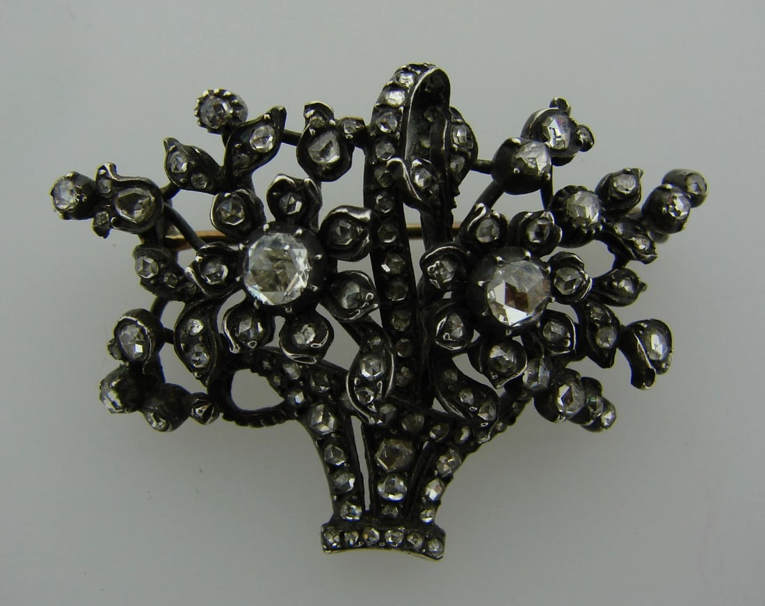 1800s GEORGIAN DIAMOND GOLD SILVER FLOWER BASKET BROOCH PIN PENDANT Adorable (1 of 4)