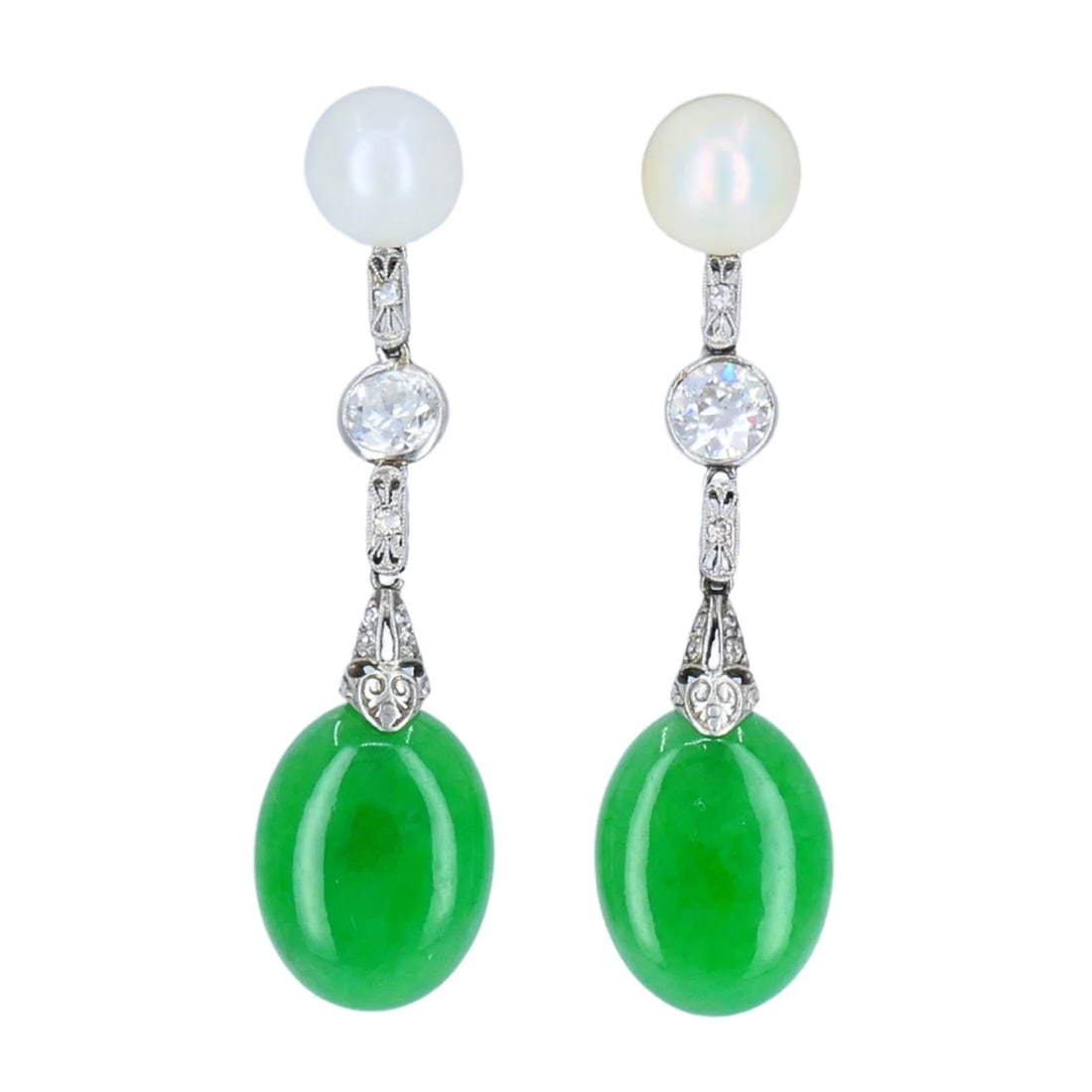 Art Deco Jade EARRINGS Platinum Pearls Old European Cut Diamonds Estate Jewelry (1 of 9)