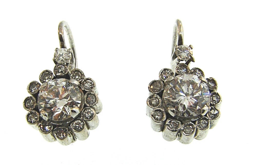 Deco Palladium 18k White Gold Diamond Stud Cluster Flower Earrings (1 of 5)