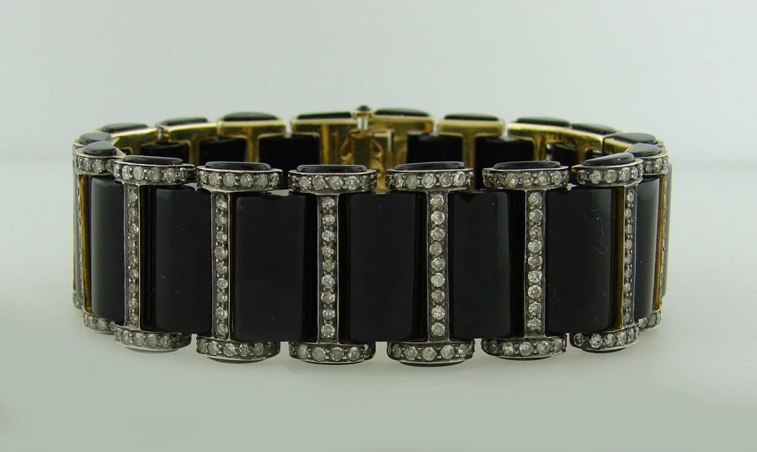 Chic BLACK ONYX 2.52 cts DIAMOND SILVER YELLOW GOLD BRACELET Art Deco Revival (1 of 8)