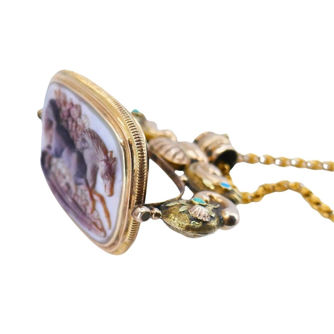 Antique Victorian Gold Mother of Pearl Equestrian Pendant Chain Necklace - 11