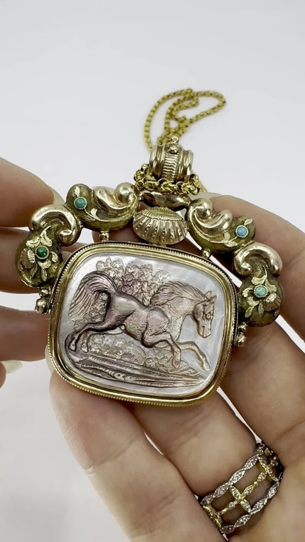 Antique Victorian Gold Mother of Pearl Equestrian Pendant Chain Necklace - 2