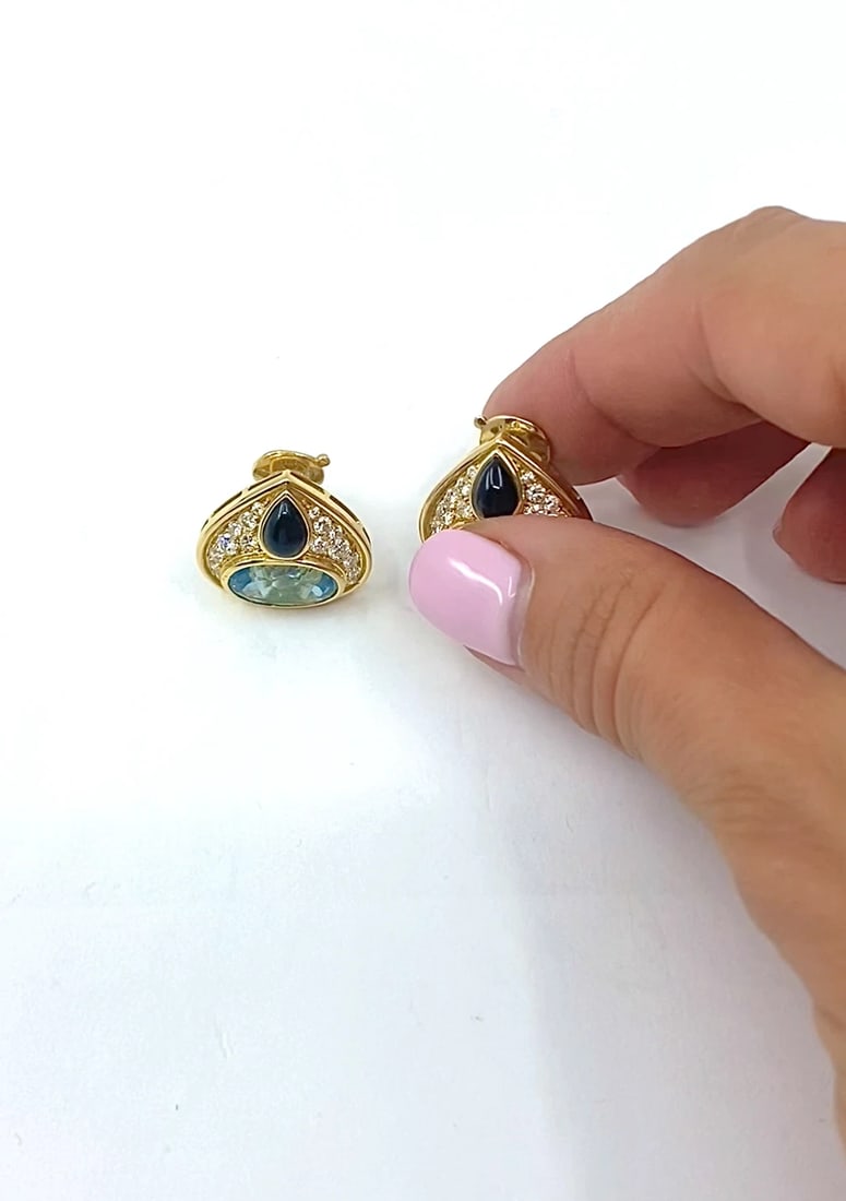 Marina B 18k Gold Topaz Onyx & Diamond Clip-On Earrings - 2