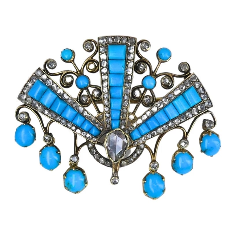 Victorian BROOCH Gold Turquoise Diamond Antique Pin Estate Jewelry (1 of 9)