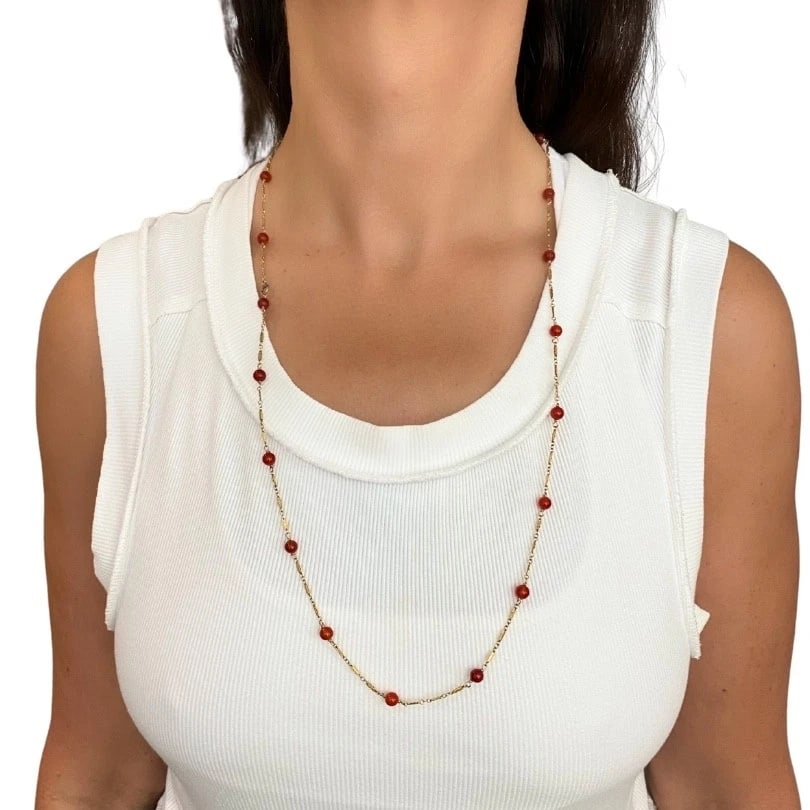 Vintage 14k Gold Carnelian Bead Necklace - 3