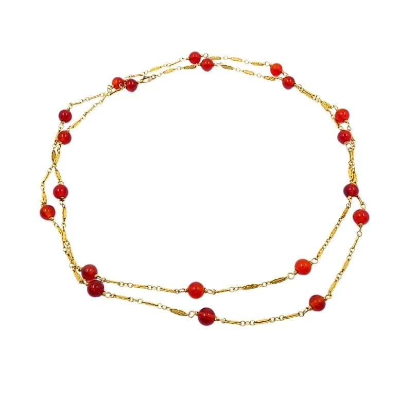 Vintage 14k Gold Carnelian Bead Necklace - 5