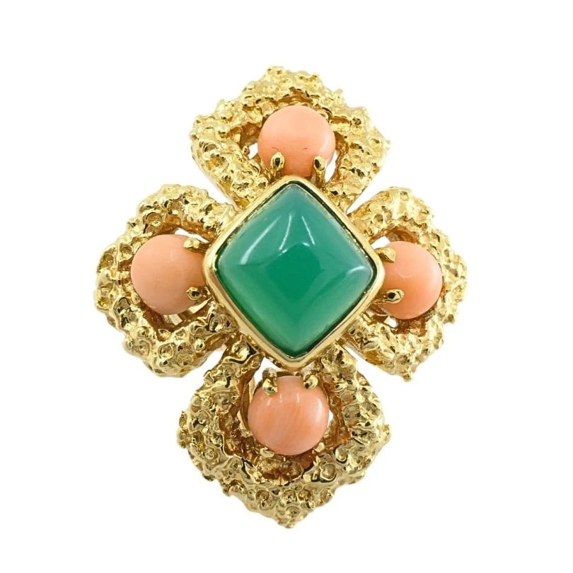 Vintage Van Cleef & Arpels 18k Gold Coral Chrysoprase Ring - 10