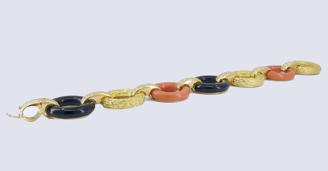 French Vintage BRACELET Atelier Janca 18k Gold Diamond Coral Black Onyx Jewelry - 6