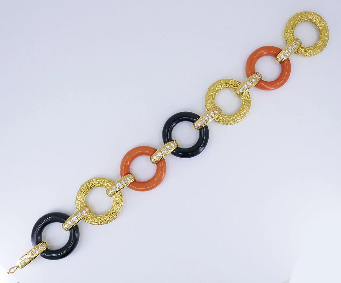 French Vintage BRACELET Atelier Janca 18k Gold Diamond Coral Black Onyx Jewelry - 7