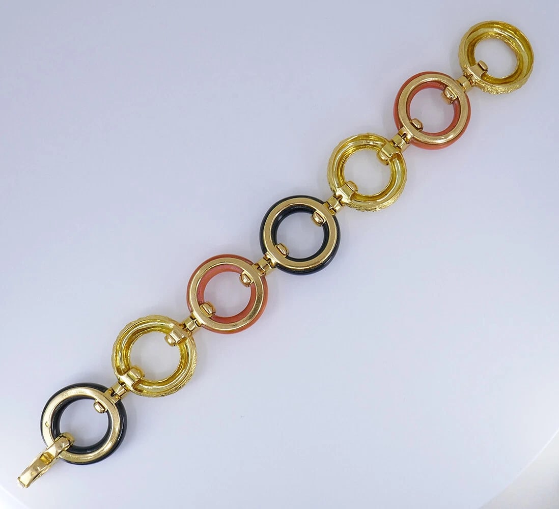 French Vintage BRACELET Atelier Janca 18k Gold Diamond Coral Black Onyx Jewelry - 8