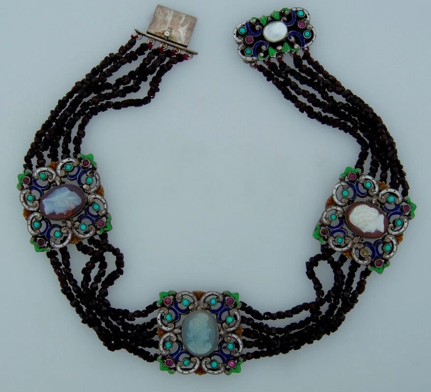 Antique Cameo Garnet Bead Silver CHOKER NECKLACE Victorian Austro-Hungarian - 3