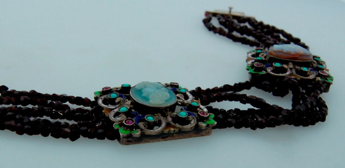 Antique Cameo Garnet Bead Silver CHOKER NECKLACE Victorian Austro-Hungarian - 7