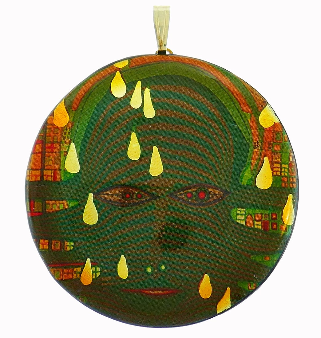 Hundertwasser Wood Lacquer PENDANT: Title: Hundertwasser Wood Lacquer PENDANT Description: Nadine Krakov Collection Fine Jewelry, Arts & Antiques 9454 Wilshire Blvd. Ste M20 Beverly Hills, CA 90212 VK JOTOO Emerald Diamond Yellow gold