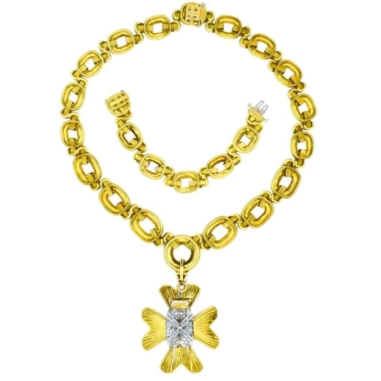 David Webb NECKLACE Sautoir Chain Oval Links 18k Gold Platinum Diamond Brooch - 6