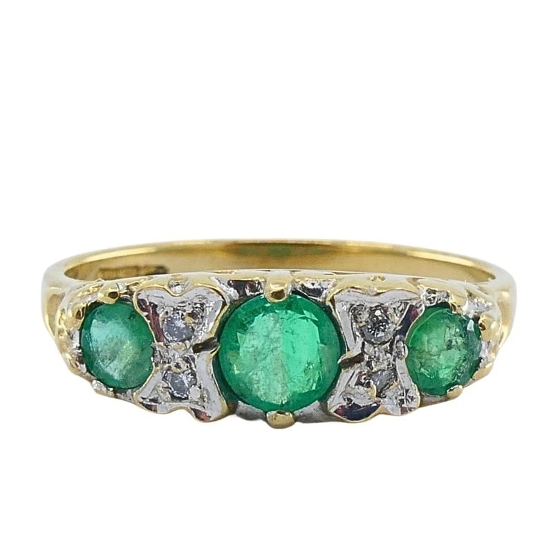 Vintage 9k Gold Emerald Diamond Three-Stone Ring: Title: Vintage 9k Gold Emerald Diamond Three-Stone Ring Description: Nadine Krakov Collection Fine Jewelry, Arts & Antiques 9454 Wilshire Blvd. Ste M20 Beverly Hills, CA 90212 ES NOO Product