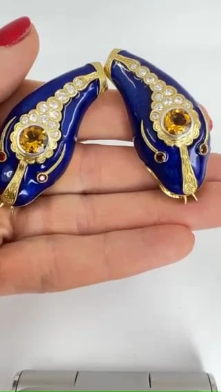 Vintage French 1950s Snake EARRINGS 18k Gold Platinum Blue Enamel Gemstones - 2