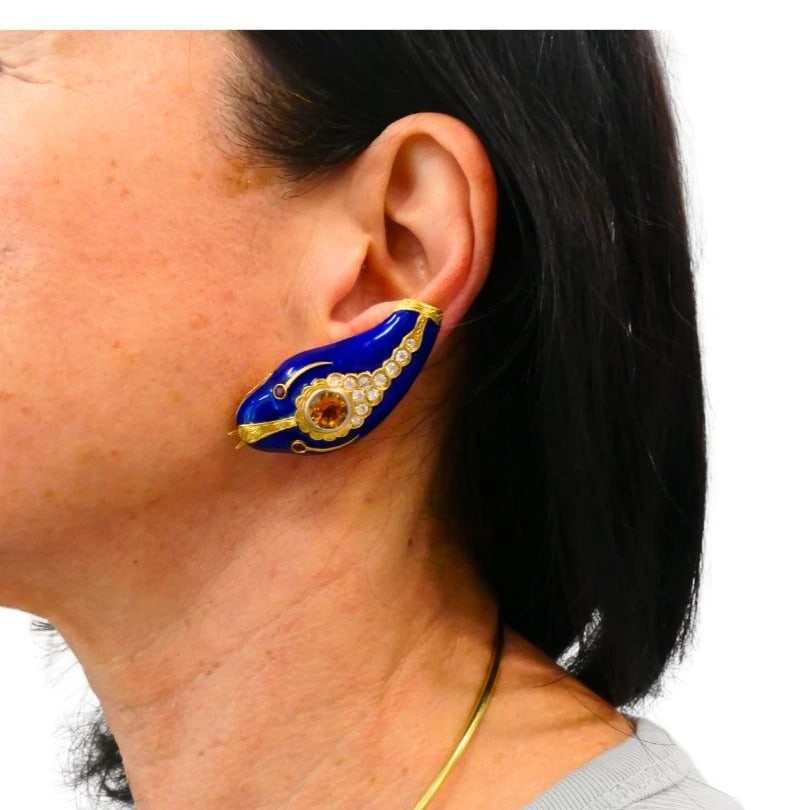 Vintage French 1950s Snake EARRINGS 18k Gold Platinum Blue Enamel Gemstones - 4