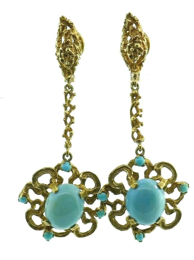 BRUTALIST 14k Yellow Gold & Turquoise Ring & Drop Earrings Set Circa 1960s - 2