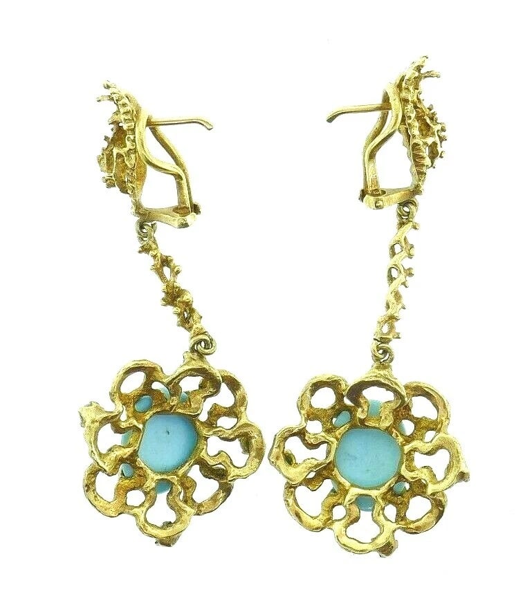 BRUTALIST 14k Yellow Gold & Turquoise Ring & Drop Earrings Set Circa 1960s - 3