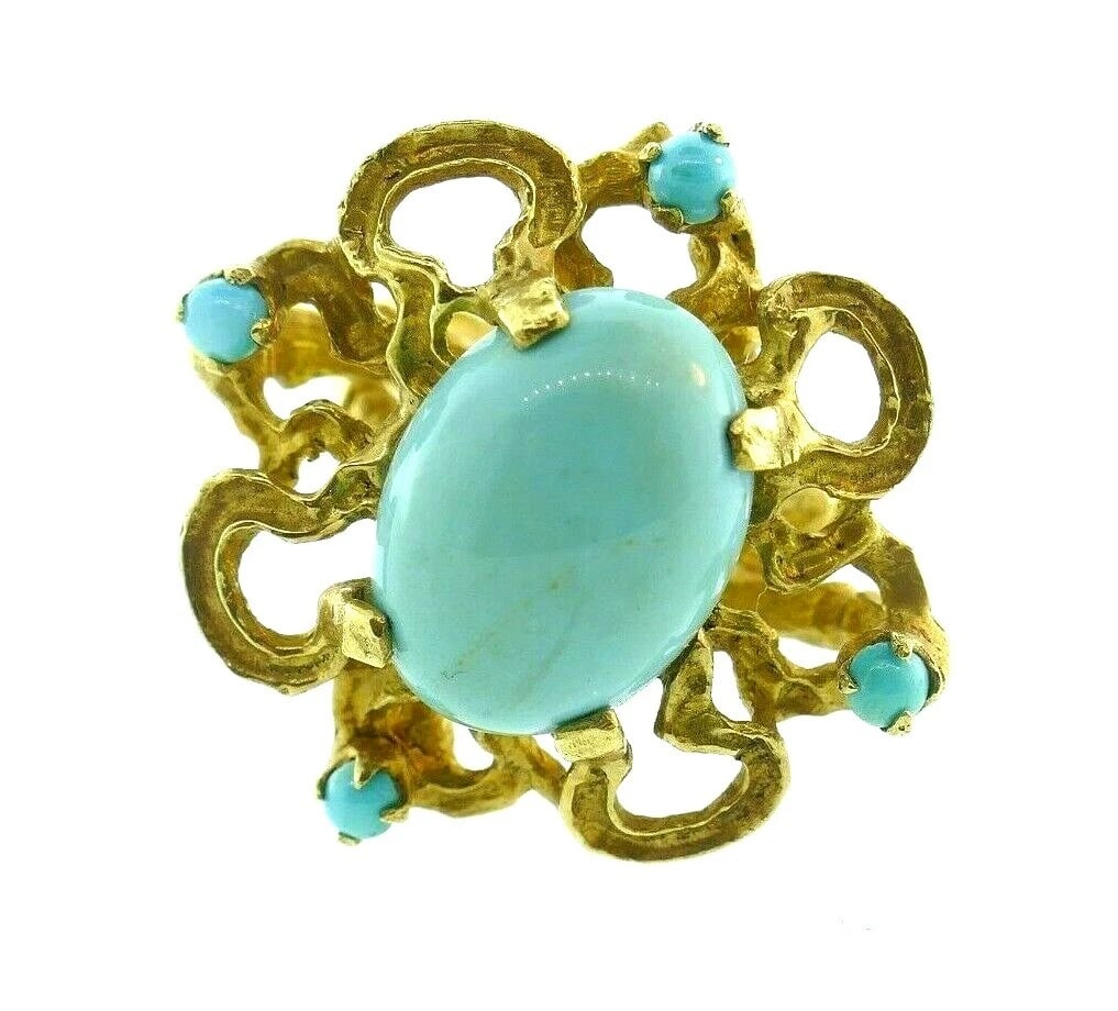 BRUTALIST 14k Yellow Gold & Turquoise Ring & Drop Earrings Set Circa 1960s - 4
