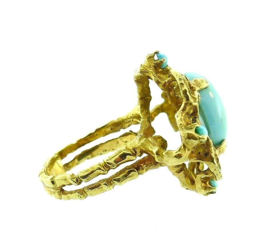 BRUTALIST 14k Yellow Gold & Turquoise Ring & Drop Earrings Set Circa 1960s - 5