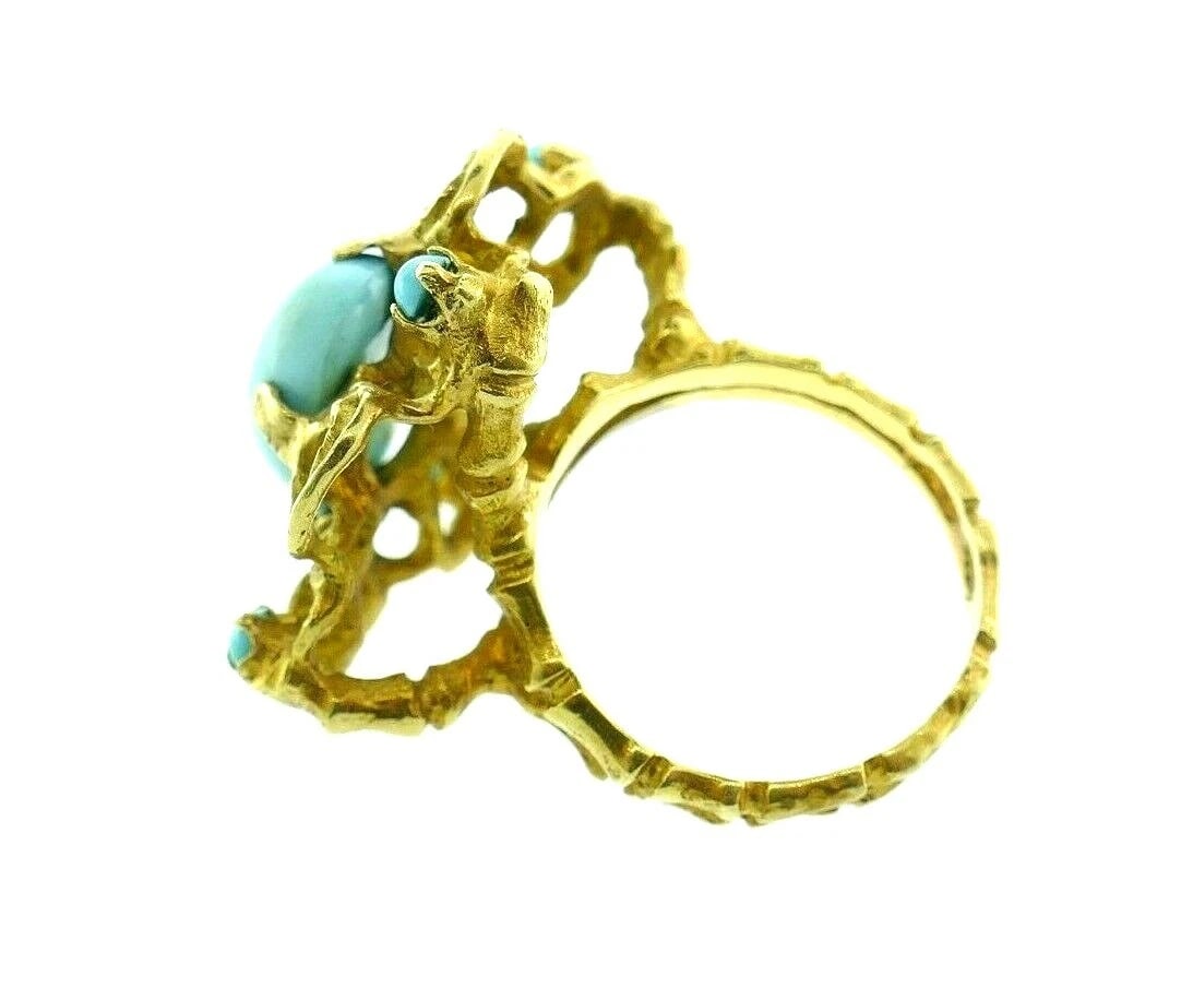 BRUTALIST 14k Yellow Gold & Turquoise Ring & Drop Earrings Set Circa 1960s - 6