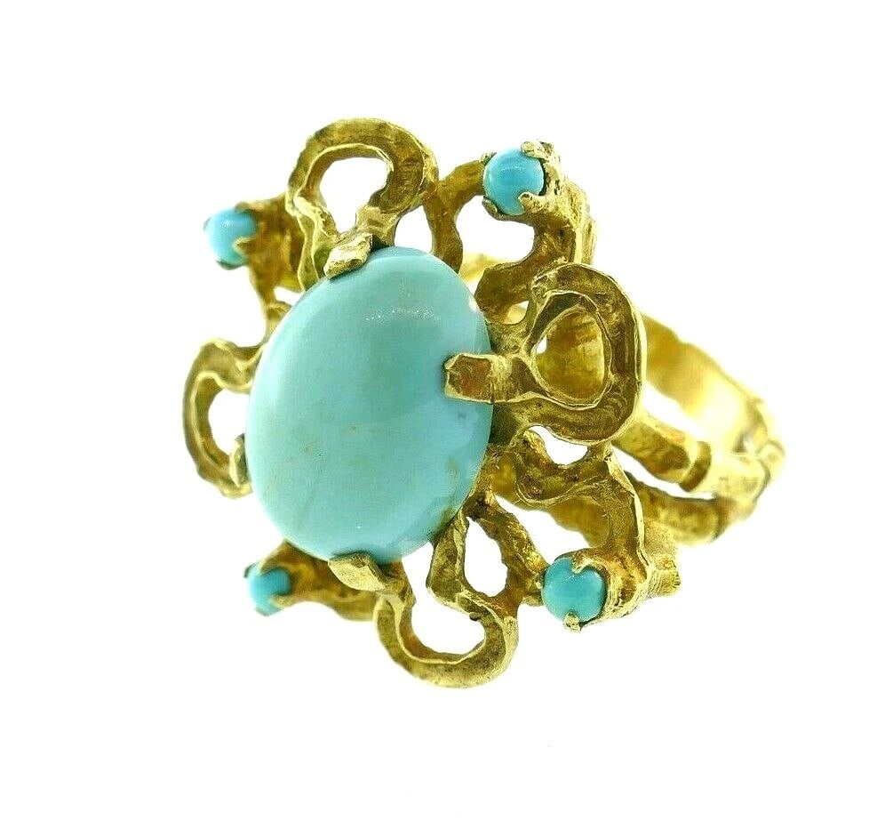 BRUTALIST 14k Yellow Gold & Turquoise Ring & Drop Earrings Set Circa 1960s - 7