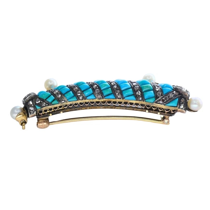 VICTORIAN 14k Gold Silver Turquoise Diamond Pearl Bow BROOCH Pin Estate Jewelry - 4