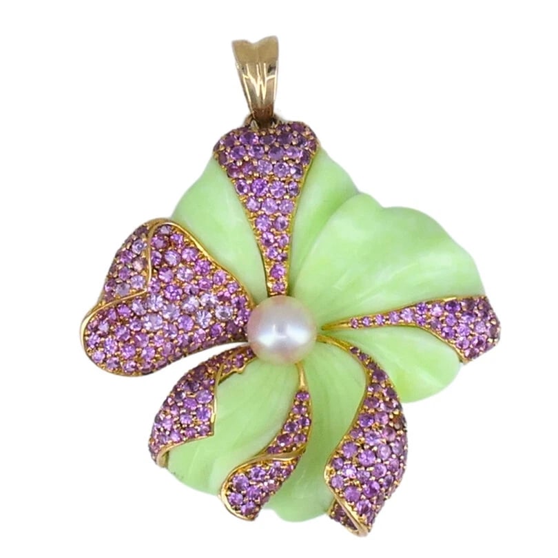 CARVIN FRENCH Chrysoprase Pink Sapphire Pearl Flower PENDANT 18k Gold: Title: CARVIN FRENCH Chrysoprase Pink Sapphire Pearl Flower PENDANT 18k Gold Description: Nadine Krakov Collection Fine Jewelry, Arts & Antiques 9454 Wilshire Blvd. Ste M20 Beverly Hills, CA 90212 VK