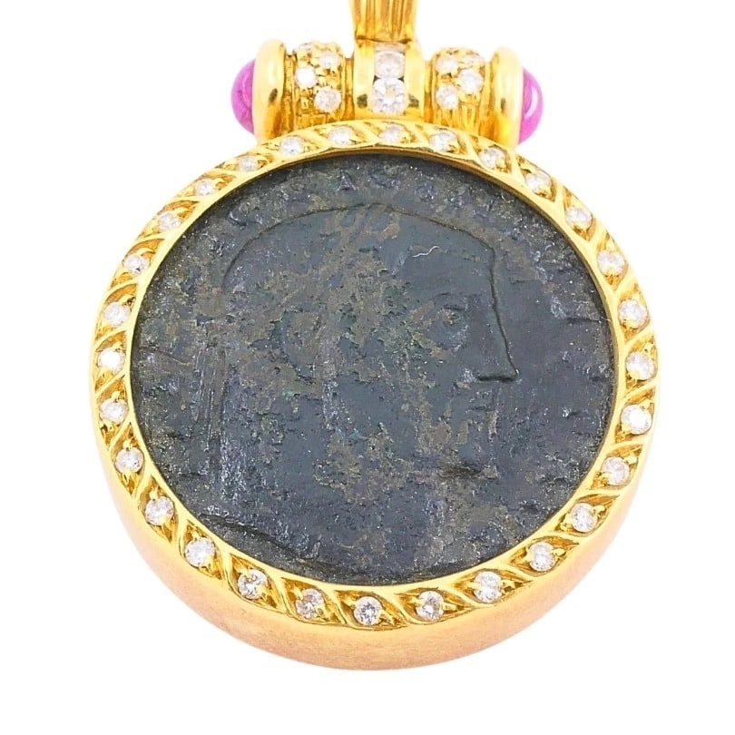 Ancient Coin 18k Gold Diamond Ruby Pendant - 4