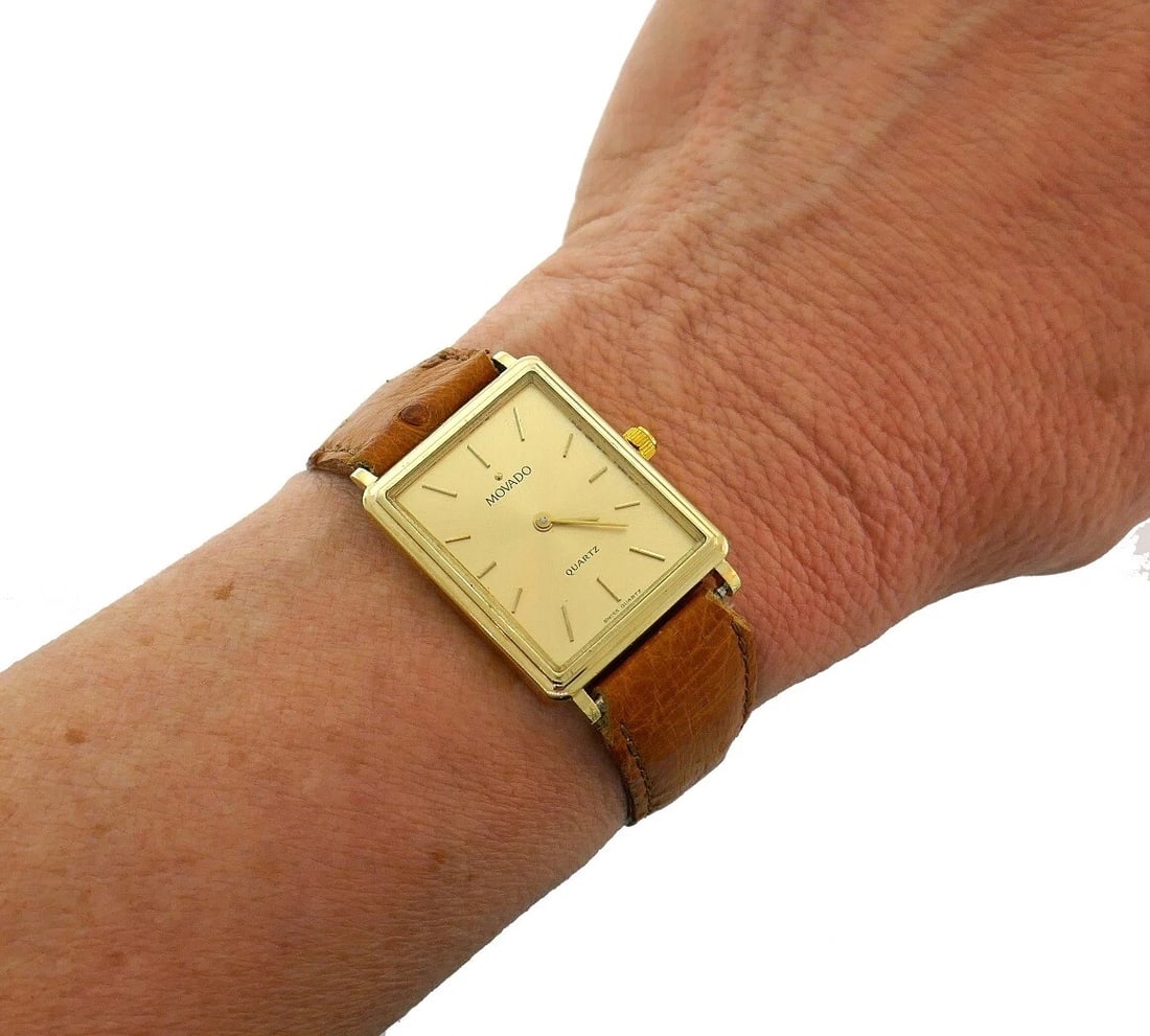 Vintage MOVADO Yellow Gold WATCH Leather Strap Unisex - 3