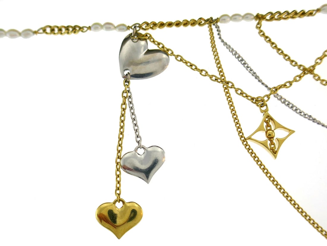 Louis VUITTON Gold Seed Pearl Chain Charm BRACELET - 8