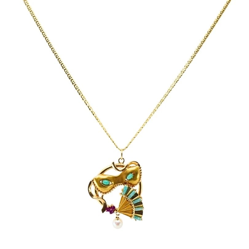 Vintage 14k Gold Masquerade Pendant 18k Gold Chain Necklace: Title: Vintage 14k Gold Masquerade Pendant 18k Gold Chain Necklace Description: Nadine Krakov Collection Fine Jewelry, Arts & Antiques 9454 Wilshire Blvd. Ste M20 Beverly Hills, CA 90212 ES JOOO+EOO P