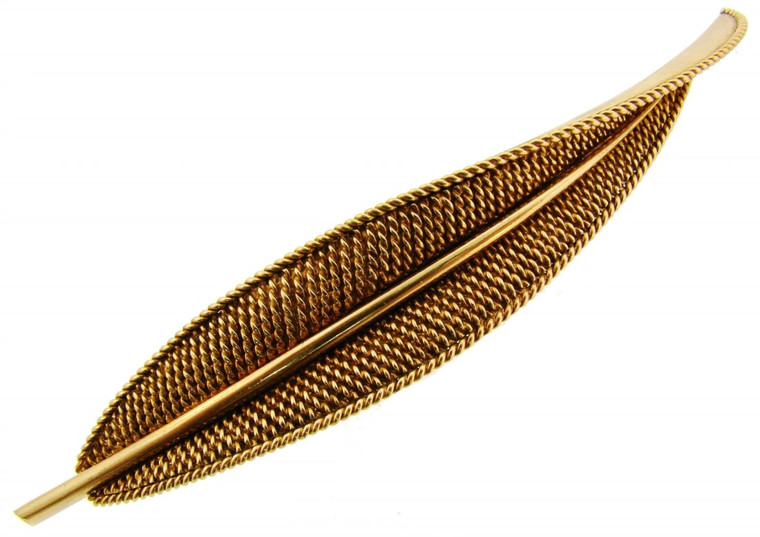 STERLE Paris Yellow Gold Leaf Pin BROOCH Clip 1950s Signed French Chic (1 of 10)