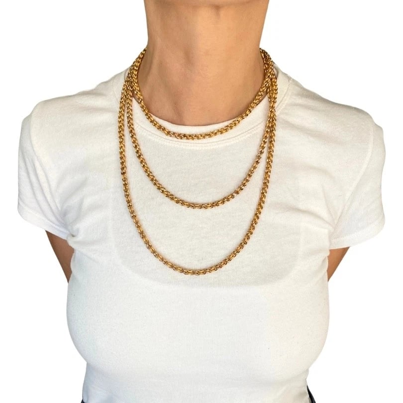 Victorian 10k Gold Textured Rope Link Long Chain Necklace - 4