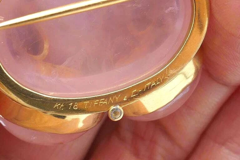 Tiffany & Co. Vintage Pink Quartz Gemstone Yellow Gold Cat Face Brooch - 2