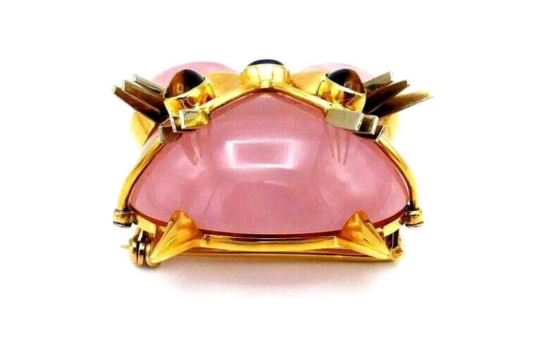 Tiffany & Co. Vintage Pink Quartz Gemstone Yellow Gold Cat Face Brooch - 3