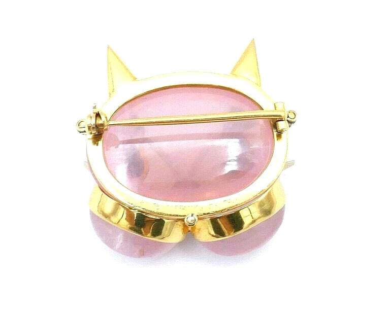 Tiffany & Co. Vintage Pink Quartz Gemstone Yellow Gold Cat Face Brooch - 4