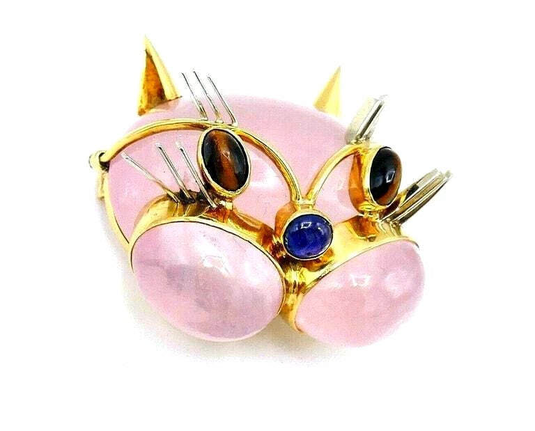 Tiffany & Co. Vintage Pink Quartz Gemstone Yellow Gold Cat Face Brooch - 5
