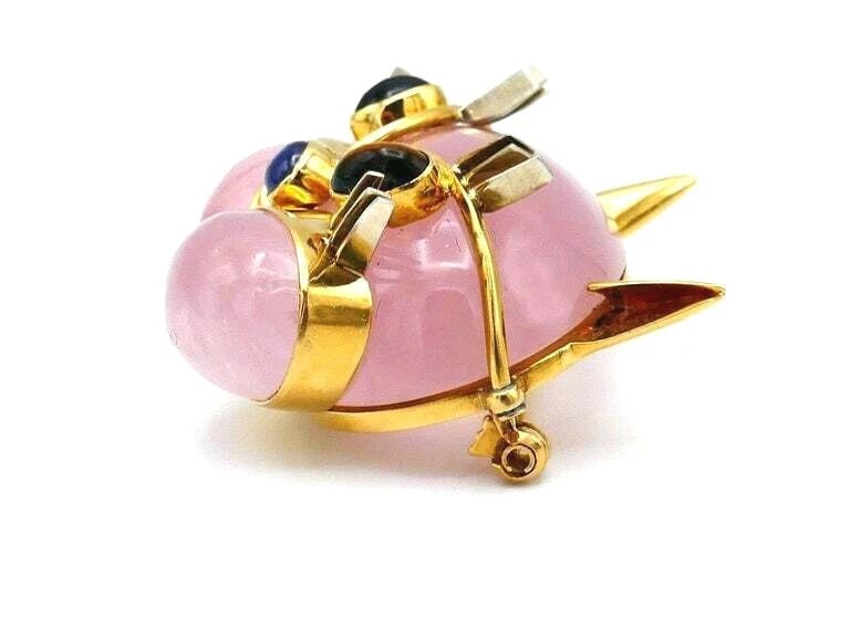 Tiffany & Co. Vintage Pink Quartz Gemstone Yellow Gold Cat Face Brooch - 6