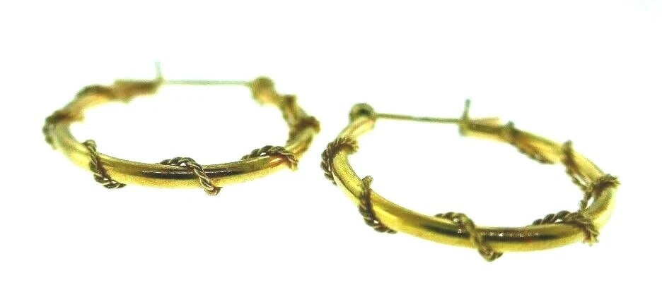 VINTAGE 14k Yellow Gold Woven Rope Motif Hoop Earrings - 2