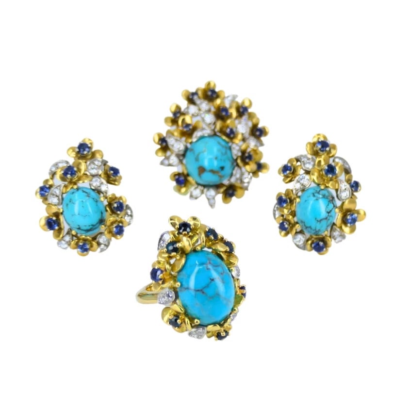 Kern JEWELRY SET Turquoise Cabochon Sapphire Diamond Estate Jewelry (1 of 15)