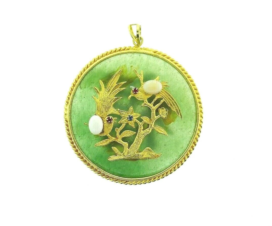 RETRO 18k Yellow Gold, Opal, Ruby, Sapphire & Jade Bird Motif Pendant C. 1950s (1 of 4)