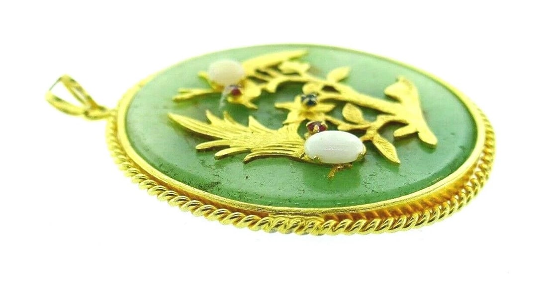 RETRO 18k Yellow Gold, Opal, Ruby, Sapphire & Jade Bird Motif Pendant C. 1950s - 4